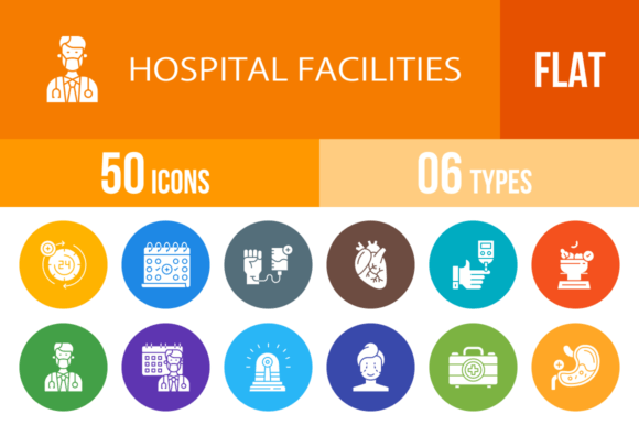 A Review of 50 Hospital Facilities Flat Round Icons for Embroidery